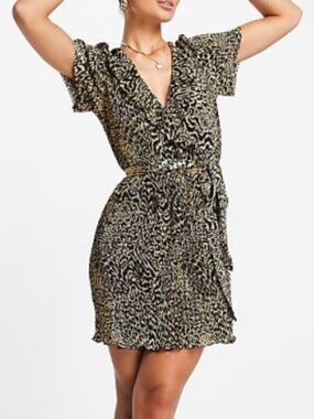 ASOS leopard plissé faux wrap surplice dress with lettuce hem - Size 14